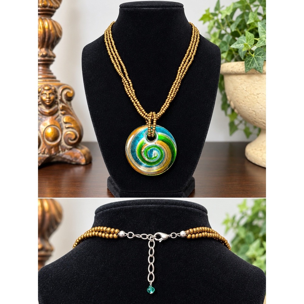 Art Glass Turquoise Swirl Pendant Necklace Bronze Tone Beaded Boho Statement